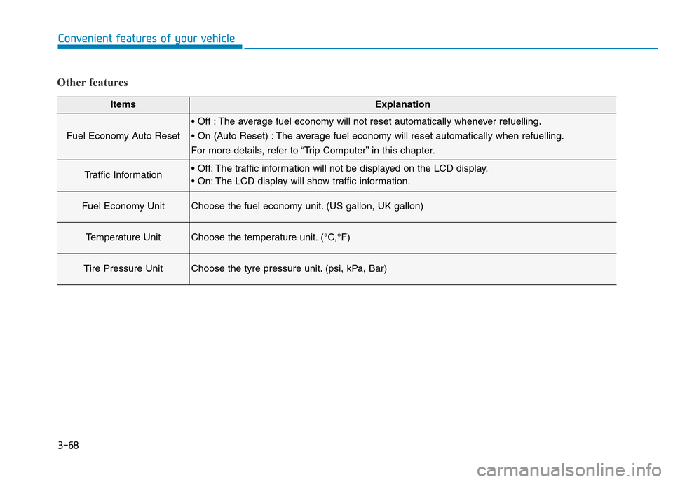 Hyundai Genesis 2016 Owners Manual - RHD (UK, Australia) 3-68
Convenient features of your vehicle
Other features
ItemsExplanation
Fuel Economy Auto Reset
• Off : The average fuel economy will not reset automatically whenever refuelling.
• On (Auto Reset Hyundai Genesis 2016 Owners Manual - RHD (UK, Australia) 3-68
Convenient features of your vehicle
Other features
ItemsExplanation
Fuel Economy Auto Reset
• Off : The average fuel economy will not reset automatically whenever refuelling.
• On (Auto Reset