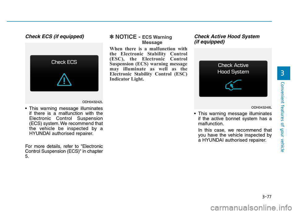 Hyundai Genesis 2016  Owners Manual - RHD (UK, Australia) 3-77
Convenient features of your vehicle
3
Check ECS (if equipped)
• This warning message illuminates
if there is a malfunction with the
Electronic Control Suspension
(ECS) system. We recommend that