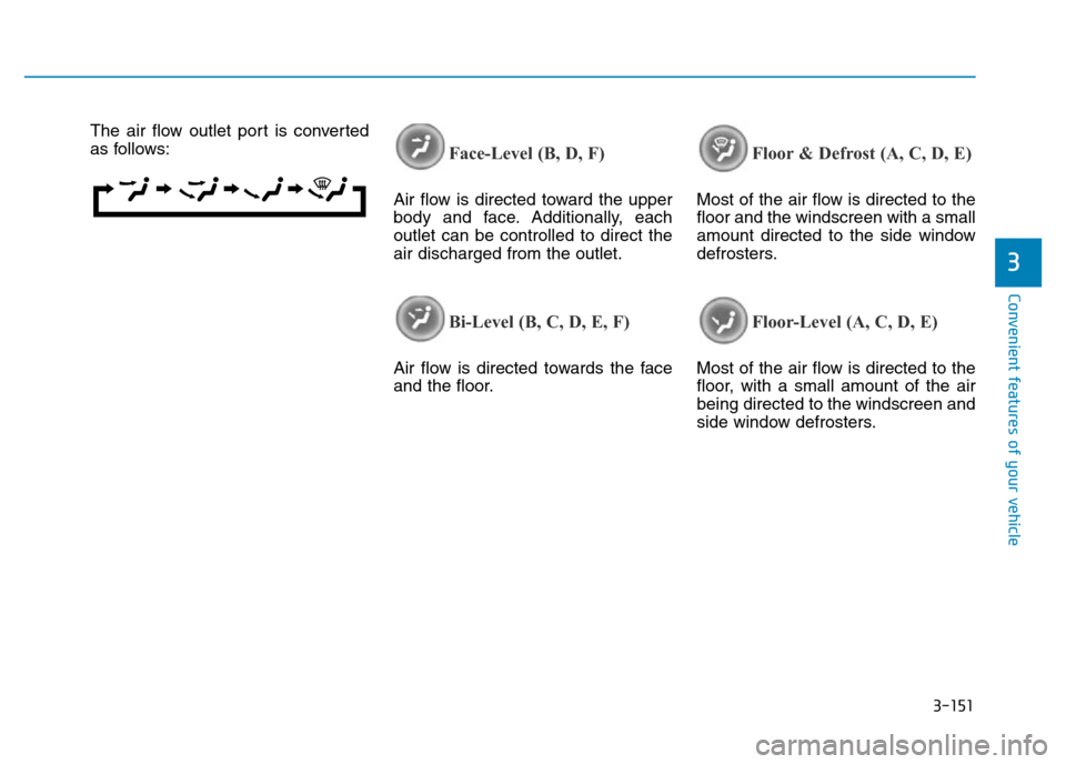 Hyundai Genesis 2016 Owners Manual - RHD (UK, Australia) 3-151
Convenient features of your vehicle
3
The air flow outlet port is converted
as follows:
Face-Level (B, D, F)
Air flow is directed toward the upper
body and face. Additionally, each
outlet can be Hyundai Genesis 2016 Owners Manual - RHD (UK, Australia) 3-151
Convenient features of your vehicle
3
The air flow outlet port is converted
as follows:
Face-Level (B, D, F)
Air flow is directed toward the upper
body and face. Additionally, each
outlet can be