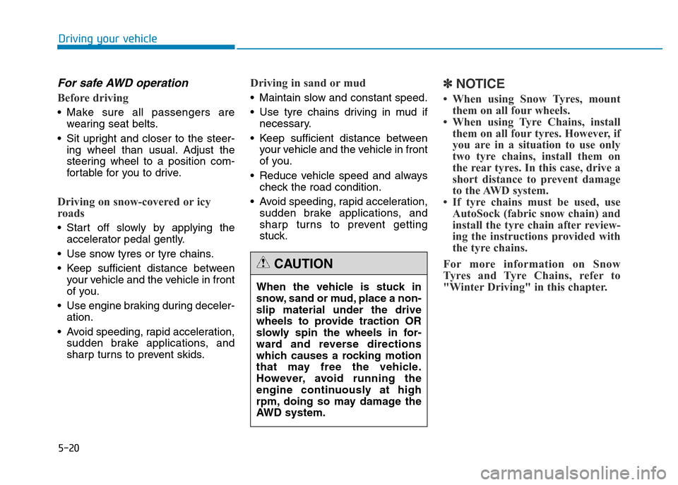 Hyundai Genesis 2016  Owners Manual - RHD (UK, Australia) 5-20
Driving your vehicle
For safe AWD operation
Before driving
• Make sure all passengers are
wearing seat belts.
• Sit upright and closer to the steer-
ing wheel than usual. Adjust the
steering 