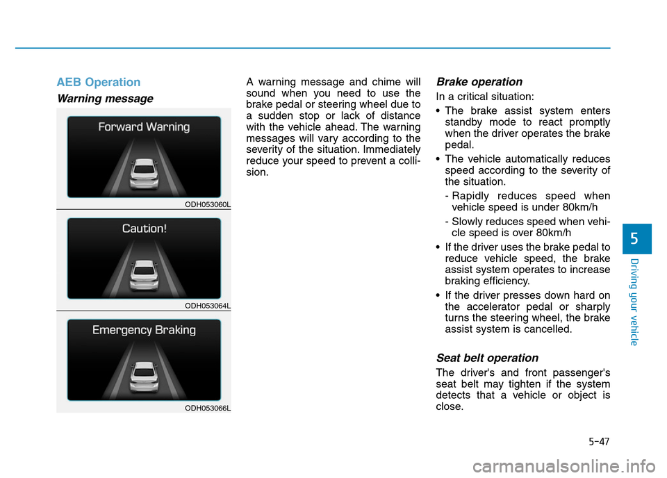 Hyundai Genesis 2016 Owners Manual - RHD (UK, Australia) 5-47
Driving your vehicle
5
AEB Operation
Warning message
A warning message and chime will
sound when you need to use the
brake pedal or steering wheel due to
a sudden stop or lack of distance
with th Hyundai Genesis 2016 Owners Manual - RHD (UK, Australia) 5-47
Driving your vehicle
5
AEB Operation
Warning message
A warning message and chime will
sound when you need to use the
brake pedal or steering wheel due to
a sudden stop or lack of distance
with th