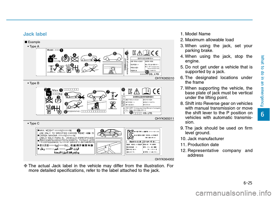 Hyundai Genesis 2016 Owners Manual - RHD (UK, Australia) 6-25
What to do in an emergency
6
Jack label1. Model Name
2. Maximum allowable load
3. When using the jack, set your
parking brake.
4. When using the jack, stop the
engine.
5. Do not get under a vehic Hyundai Genesis 2016 Owners Manual - RHD (UK, Australia) 6-25
What to do in an emergency
6
Jack label1. Model Name
2. Maximum allowable load
3. When using the jack, set your
parking brake.
4. When using the jack, stop the
engine.
5. Do not get under a vehic