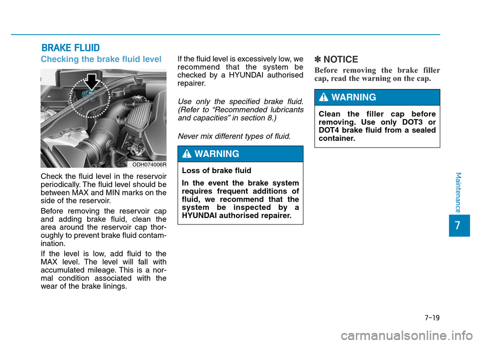 Hyundai Genesis 2016  Owners Manual - RHD (UK, Australia) 7-19
7
Maintenance
BRAKE FLUID
Checking the brake fluid level  
Check the fluid level in the reservoir
periodically. The fluid level should be
between MAX and MIN marks on the
side of the reservoir.
B