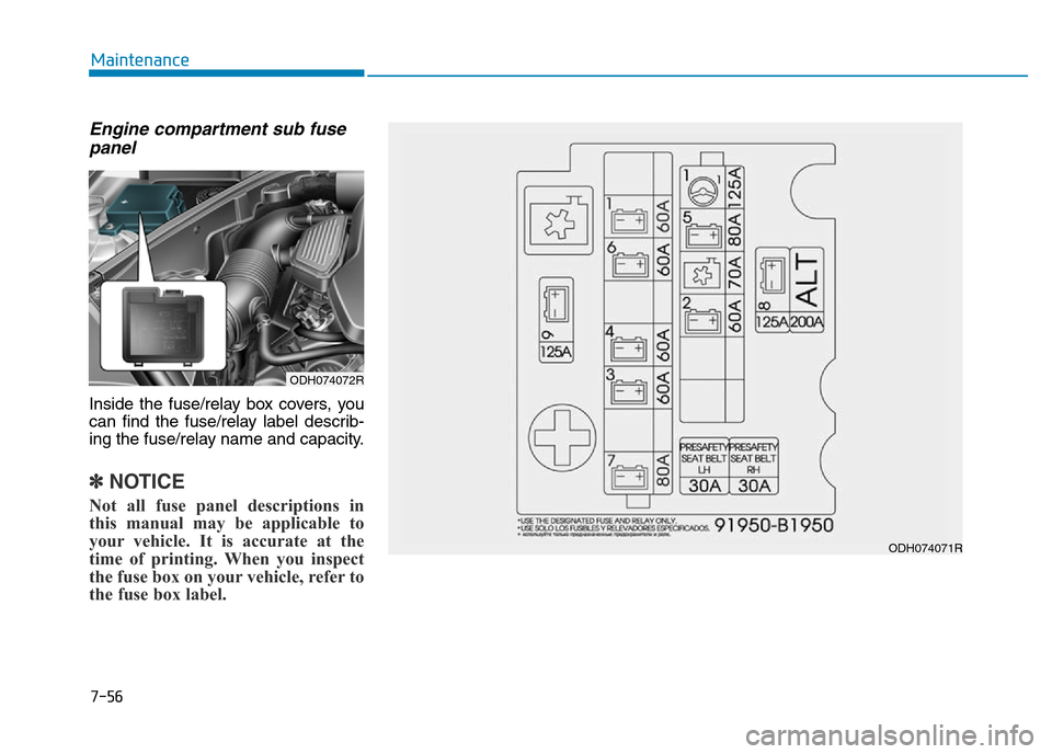Hyundai Genesis 2016  Owners Manual - RHD (UK, Australia) Engine compartment sub fuse
panel 
Inside the fuse/relay box covers, you
can find the fuse/relay label describ-
ing the fuse/relay name and capacity.
✽NOTICE
Not all fuse panel descriptions in
this 