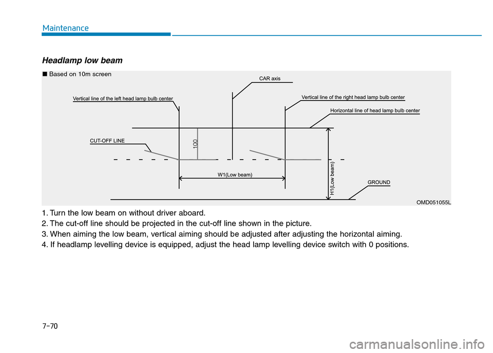 Hyundai Genesis 2016 Owners Manual - RHD (UK, Australia) 7-70
Maintenance
Headlamp low beam
1. Turn the low beam on without driver aboard.
2. The cut-off line should be projected in the cut-off line shown in the picture.
3. When aiming the low beam, vertic Hyundai Genesis 2016 Owners Manual - RHD (UK, Australia) 7-70
Maintenance
Headlamp low beam
1. Turn the low beam on without driver aboard.
2. The cut-off line should be projected in the cut-off line shown in the picture.
3. When aiming the low beam, vertic
