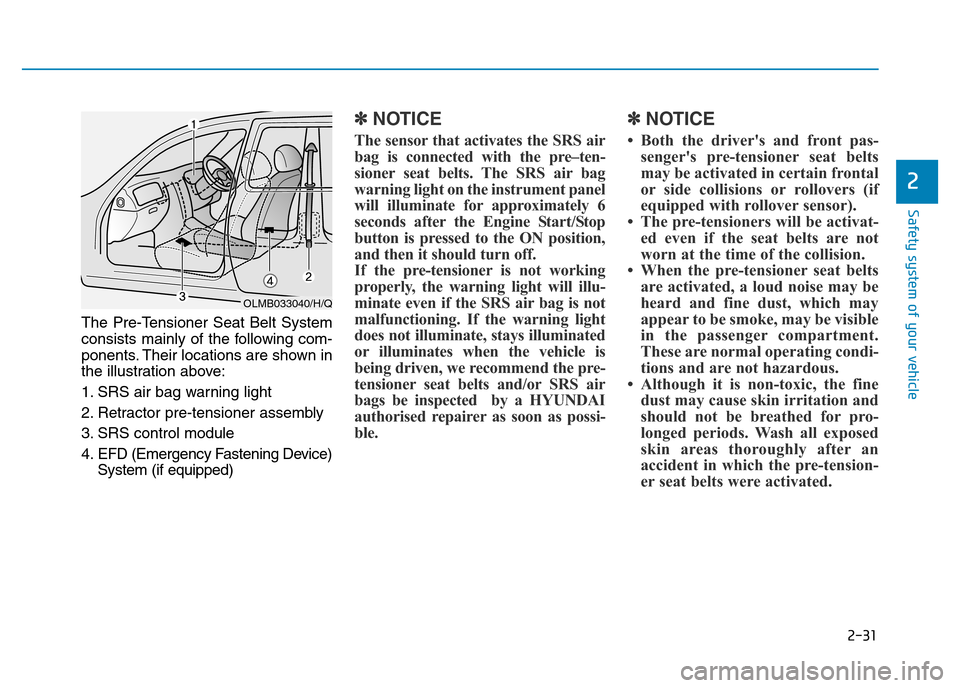 Hyundai Genesis 2016 - RHD (UK, Australia) Service Manual 2-31
Safety system of your vehicle
2
The Pre-Tensioner Seat Belt System
consists mainly of the following com-
ponents. Their locations are shown in
the illustration above:
1. SRS air bag warning light Hyundai Genesis 2016 - RHD (UK, Australia) Service Manual 2-31
Safety system of your vehicle
2
The Pre-Tensioner Seat Belt System
consists mainly of the following com-
ponents. Their locations are shown in
the illustration above:
1. SRS air bag warning light