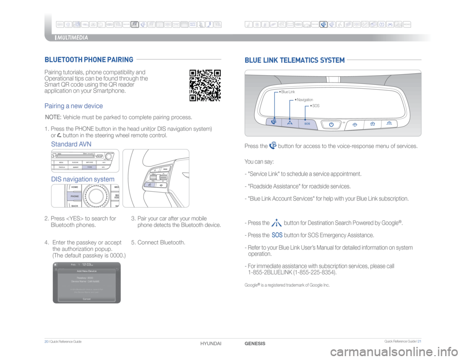 Hyundai Genesis 2016  Quick Reference Guide MULTIMEDIA
20 I Quick Reference Guide  
HYUNDAI 
 Quick Reference Guide I 21
GENESIS
Pairing tutorials, phone compatibility and
Operational tips can be found through the
Smart QR code using the QR rea
