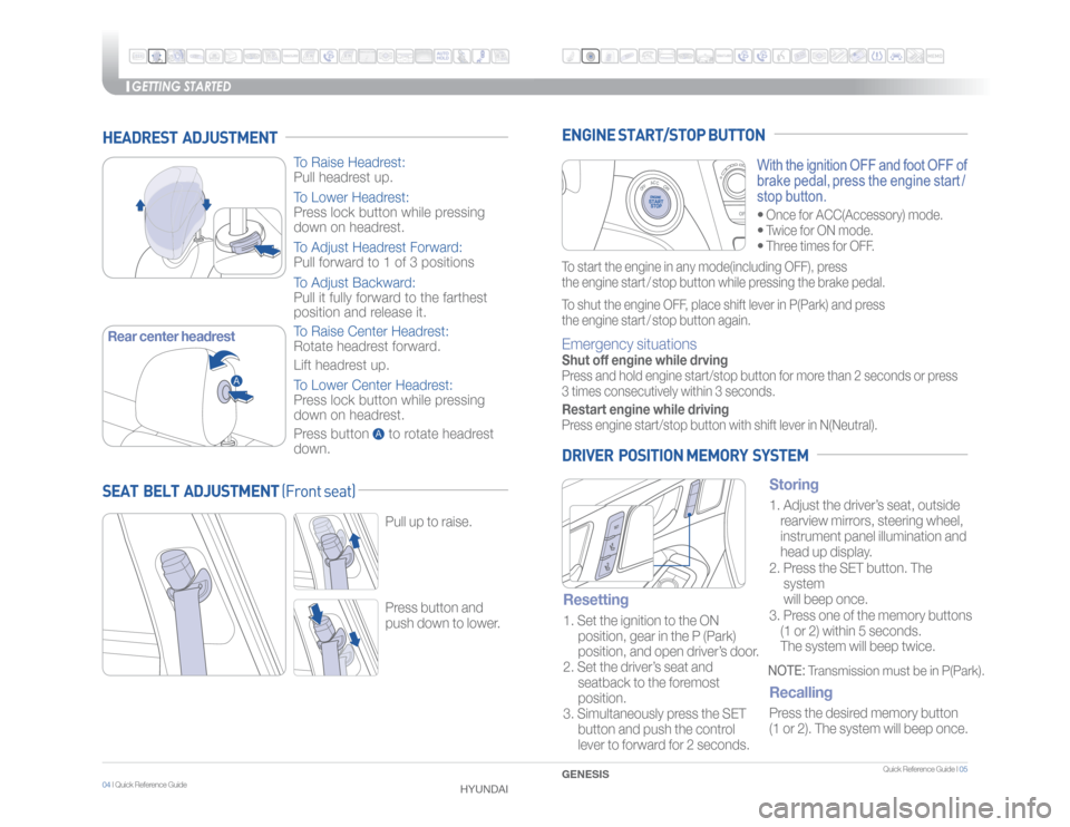 Hyundai Genesis 2016  Quick Reference Guide GETTING STARTED
Quick Reference Guide I 05
04 I Quick Reference Guide  HEADREST  ADJUSTMENT
To Raise Headrest: 
Pull headrest up.
To Lower Headrest: 
Press lock button while pressing 
down on headrest