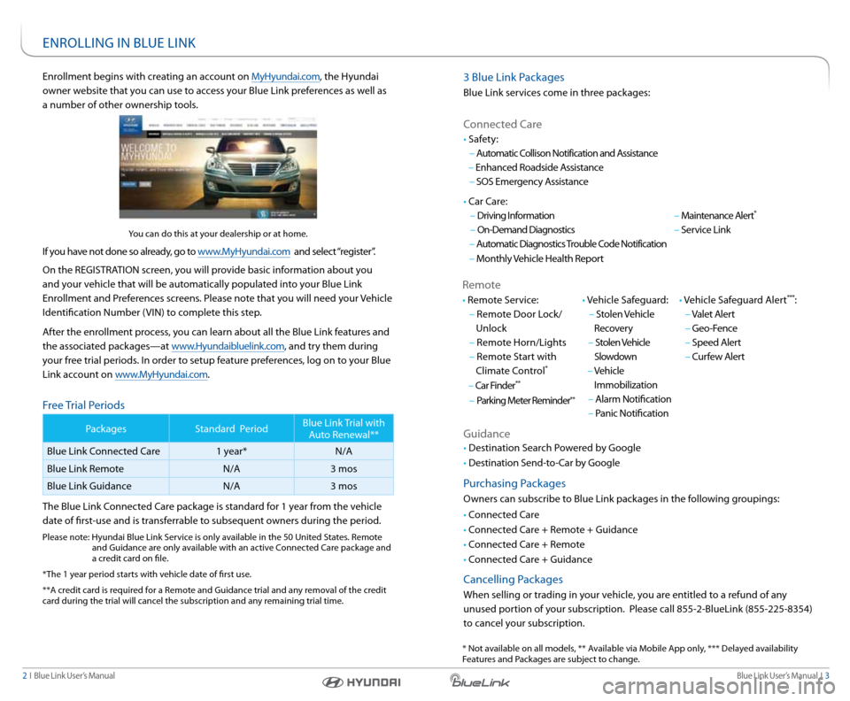 Hyundai Genesis 2016 Gen 2 Blue Link Manual Blue link User’s Manual I 3
2 I Blue link User’s Manual
3 Blue link Packages
Blue link services come in three packages:
connected c are
r emote
• r emote s ervice:
– r emote Door l oc Hyundai Genesis 2016 Gen 2 Blue Link Manual Blue link User’s Manual I 3
2 I Blue link User’s Manual
3 Blue link Packages
Blue link services come in three packages:
connected c are
r emote
• r emote s ervice:
– r emote Door l oc