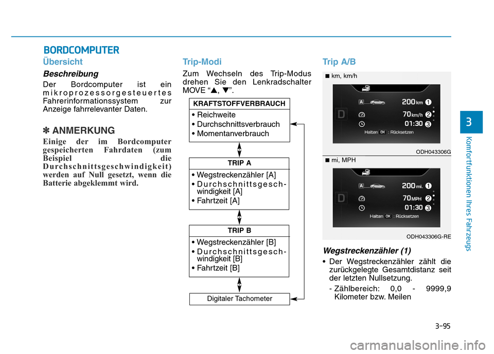 Hyundai Genesis 2016  Betriebsanleitung (in German) 3-95
Komfortfunktionen Ihres Fahrzeugs 
3
Übersicht 
Beschreibung
Der Bordcomputer ist ein
mikroprozessorgesteuertes
Fahrerinformationssystem zur
Anzeige fahrrelevanter Daten.
✽ANMERKUNG
Einige der