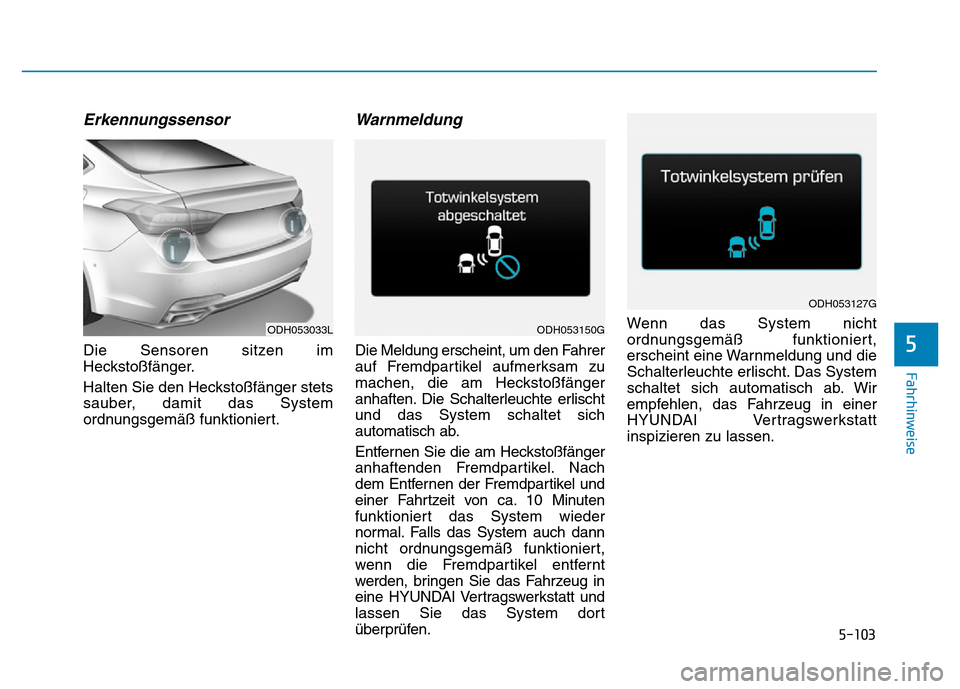Hyundai Genesis 2016 Betriebsanleitung (in German) 5-103
Fahrhinweise
5
Erkennungssensor
Die Sensoren sitzen im
Heckstoßfänger.
Halten Sie den Heckstoßfänger stets
sauber, damit das System
ordnungsgemäß funktioniert.
Warnmeldung
Die Meldung er Hyundai Genesis 2016 Betriebsanleitung (in German) 5-103
Fahrhinweise
5
Erkennungssensor
Die Sensoren sitzen im
Heckstoßfänger.
Halten Sie den Heckstoßfänger stets
sauber, damit das System
ordnungsgemäß funktioniert.
Warnmeldung
Die Meldung er