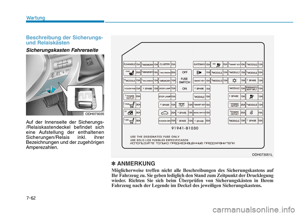 Hyundai Genesis 2016 Betriebsanleitung (in German) 7-62
Wartung
Beschreibung der Sicherungs-
und Relaiskästen
Sicherungskasten Fahrerseite
Auf der Innenseite der Sicherungs-
/Relaiskastendeckel befindet sich
eine Aufstellung der enthaltenen
Sicheru Hyundai Genesis 2016 Betriebsanleitung (in German) 7-62
Wartung
Beschreibung der Sicherungs-
und Relaiskästen
Sicherungskasten Fahrerseite
Auf der Innenseite der Sicherungs-
/Relaiskastendeckel befindet sich
eine Aufstellung der enthaltenen
Sicheru