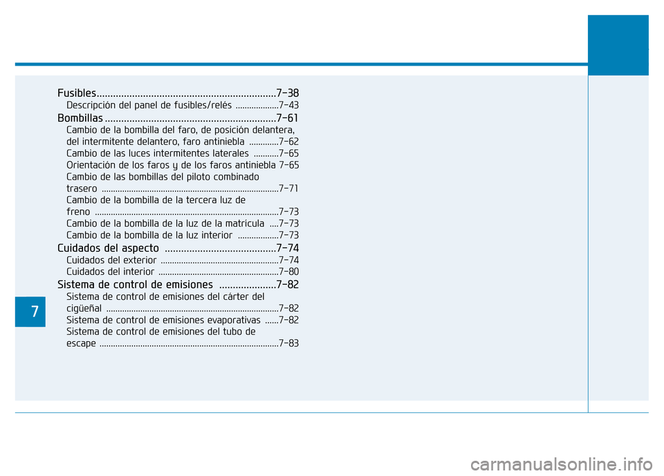 Hyundai Genesis 2016  Manual del propietario (in Spanish) 7
Fusibles..................................................................7-38
Descripción del panel de fusibles/relés  ...................7-43
Bombillas ..........................................