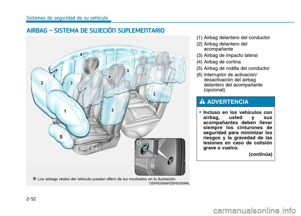 Hyundai Genesis 2016 Manual del propietario (in Spanish) 2-52
Sistemas de seguridad de su vehículo (1) Airbag delantero del conductor
(2) Airbag delantero delacompañante
(3) Airbag de impacto lateral
(4) Airbag de cortina
(5) Airbag de rodilla del con Hyundai Genesis 2016 Manual del propietario (in Spanish) 2-52
Sistemas de seguridad de su vehículo (1) Airbag delantero del conductor
(2) Airbag delantero delacompañante
(3) Airbag de impacto lateral
(4) Airbag de cortina
(5) Airbag de rodilla del con
