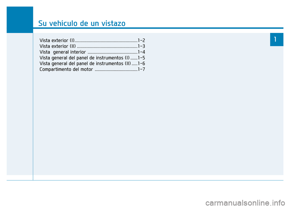 Hyundai Genesis 2016  Manual del propietario (in Spanish) Su vehículo de un vistazo
1
Su vehículo de un vistazo
1Vista exterior (I).....................................................1-2
Vista exterior (II) ................................................