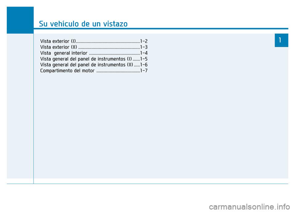 Hyundai Genesis 2016 Manual del propietario (in Spanish) Su vehículo de un vistazo
1
Su vehículo de un vistazo
1Vista exterior (I).....................................................1-2
Vista exterior (II) ................................................ Hyundai Genesis 2016 Manual del propietario (in Spanish) Su vehículo de un vistazo
1
Su vehículo de un vistazo
1Vista exterior (I).....................................................1-2
Vista exterior (II) ................................................