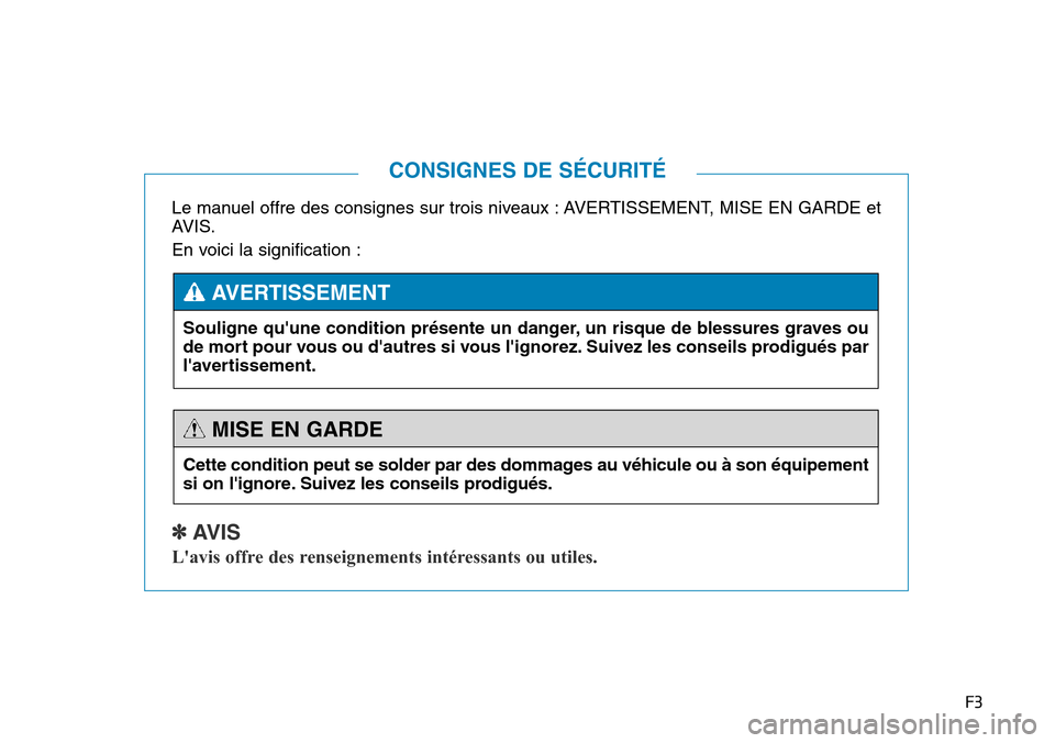 Hyundai Genesis 2016 Manuel du propriétaire (in French) F3
Le manuel offre des consignes sur trois niveaux : AVERTISSEMENT, MISE EN GARDE et
AVIS.
En voici la signification :
✽ AVIS
Lavis offre des renseignements intéressants ou utiles.
CONSIGNES DE S Hyundai Genesis 2016 Manuel du propriétaire (in French) F3
Le manuel offre des consignes sur trois niveaux : AVERTISSEMENT, MISE EN GARDE et
AVIS.
En voici la signification :
✽ AVIS
Lavis offre des renseignements intéressants ou utiles.
CONSIGNES DE S