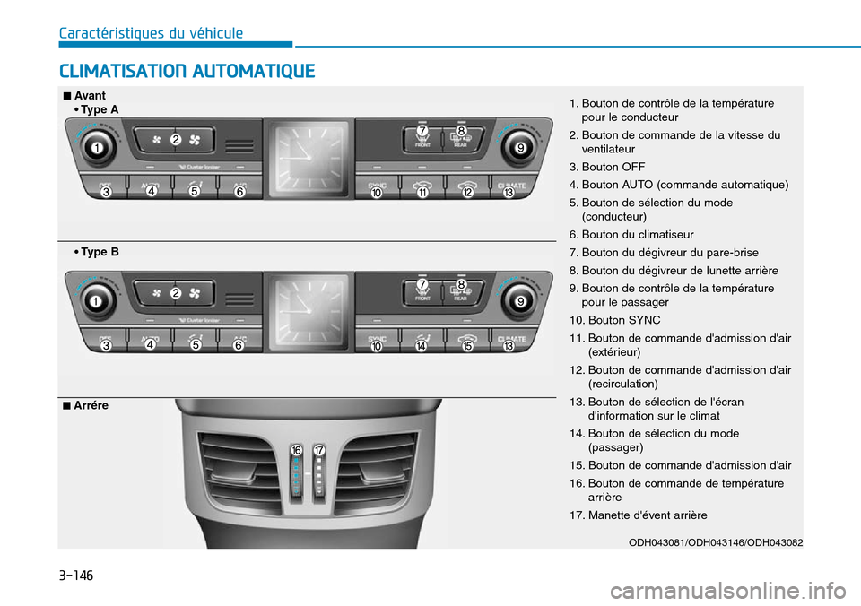 Hyundai Genesis 2016  Manuel du propriétaire (in French) 3-146
Caractéristiques du véhicule
CLIMATISATION AUTOMATIQUE
ODH043081/ODH043146/ODH043082
1. Bouton de contrôle de la températurepour le conducteur
2. Bouton de commande de la vitesse du ventilat