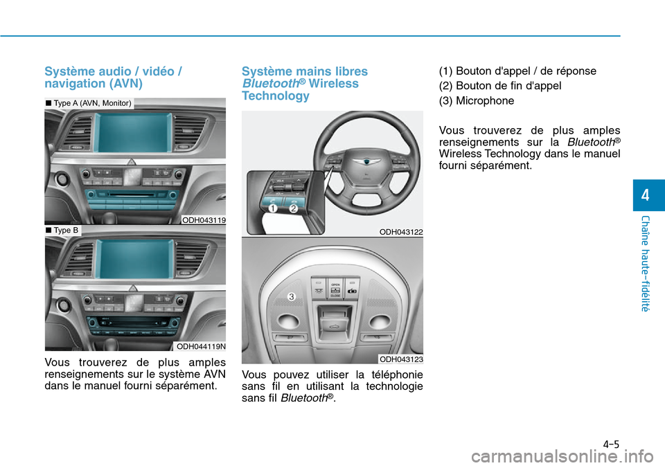 Hyundai Genesis 2016 Manuel du propriétaire (in French) 4-5
Chaîne haute-fidélité
4
Système audio / vidéo /
navigation (AVN)
Vous trouverez de plus amples
renseignements sur le système AVN
dans le manuel fourni séparément.
Système mains libres
Blu Hyundai Genesis 2016 Manuel du propriétaire (in French) 4-5
Chaîne haute-fidélité
4
Système audio / vidéo /
navigation (AVN)
Vous trouverez de plus amples
renseignements sur le système AVN
dans le manuel fourni séparément.
Système mains libres
Blu