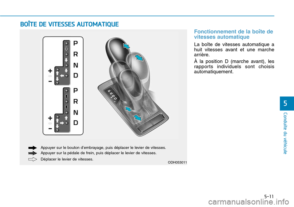 Hyundai Genesis 2016 Manuel du propriétaire (in French) 5-11
Conduite du véhicule
5
Fonctionnement de la boîte de
vitesses automatique
La boîte de vitesses automatique a
huit vitesses avant et une marche
arrière.
À la position D (marche avant), les
ra Hyundai Genesis 2016 Manuel du propriétaire (in French) 5-11
Conduite du véhicule
5
Fonctionnement de la boîte de
vitesses automatique
La boîte de vitesses automatique a
huit vitesses avant et une marche
arrière.
À la position D (marche avant), les
ra