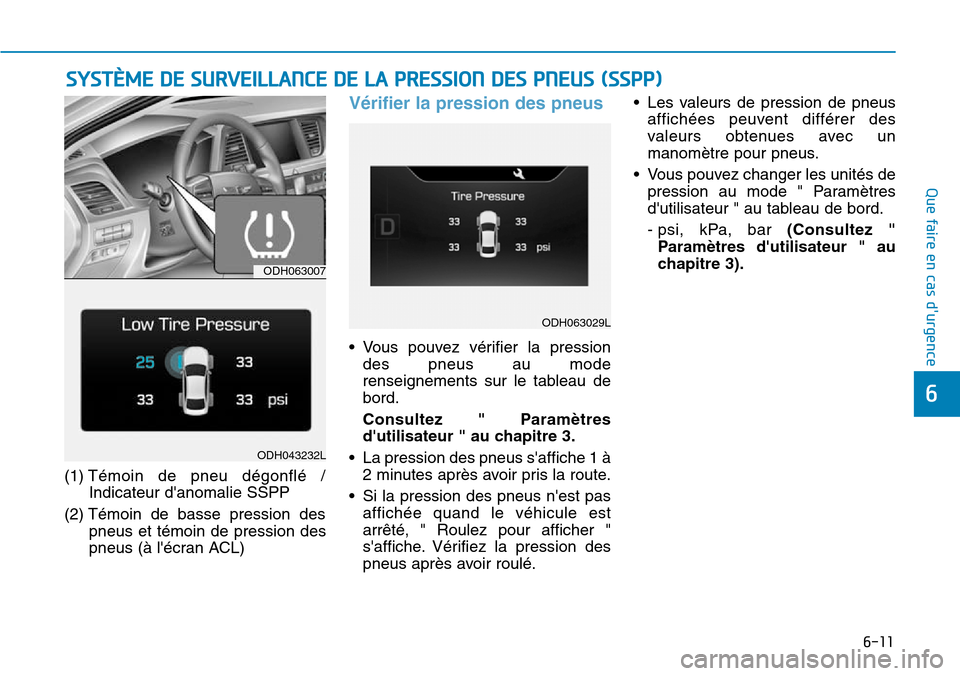 Hyundai Genesis 2016 Manuel du propriétaire (in French) 6-11
Que faire en cas durgence
(1) Témoin de pneu dégonflé /
Indicateur danomalie SSPP
(2) Témoin de basse pression des pneus et témoin de pression des
pneus (à lécran ACL)
Vérifier la pres Hyundai Genesis 2016 Manuel du propriétaire (in French) 6-11
Que faire en cas durgence
(1) Témoin de pneu dégonflé /
Indicateur danomalie SSPP
(2) Témoin de basse pression des pneus et témoin de pression des
pneus (à lécran ACL)
Vérifier la pres
