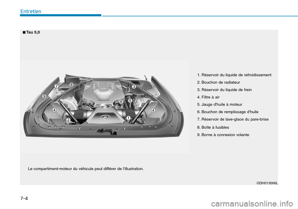 Hyundai Genesis 2016 Manuel du propriétaire (in French) 7-4
Entretien
1. Réservoir du liquide de refroidissement
2. Bouchon de radiateur
3. Réservoir du liquide de frein
4. Filtre à air
5. Jauge dhuile à moteur
6. Bouchon de remplissage dhuile
7. Ré Hyundai Genesis 2016 Manuel du propriétaire (in French) 7-4
Entretien
1. Réservoir du liquide de refroidissement
2. Bouchon de radiateur
3. Réservoir du liquide de frein
4. Filtre à air
5. Jauge dhuile à moteur
6. Bouchon de remplissage dhuile
7. Ré