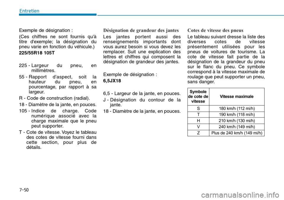 Hyundai Genesis 2016  Manuel du propriétaire (in French) 7-50
Entretien
Exemple de désignation :
(Ces chiffres ne sont fournis quà
titre dexemple; la désignation du
pneu varie en fonction du véhicule.)
225/55R18 105T
225 -  Largeur du pneu, en
millim
