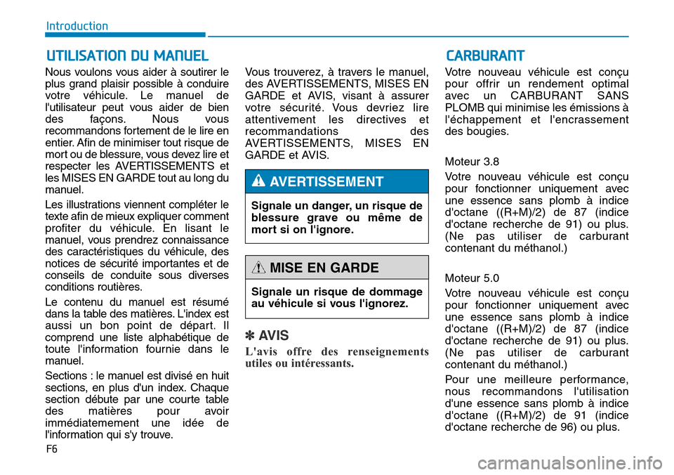 Hyundai Genesis 2016  Manuel du propriétaire (in French) F6
Introduction
Nous voulons vous aider à soutirer le
plus grand plaisir possible à conduire
votre véhicule. Le manuel de
lutilisateur peut vous aider de bien
des façons. Nous vous
recommandons f