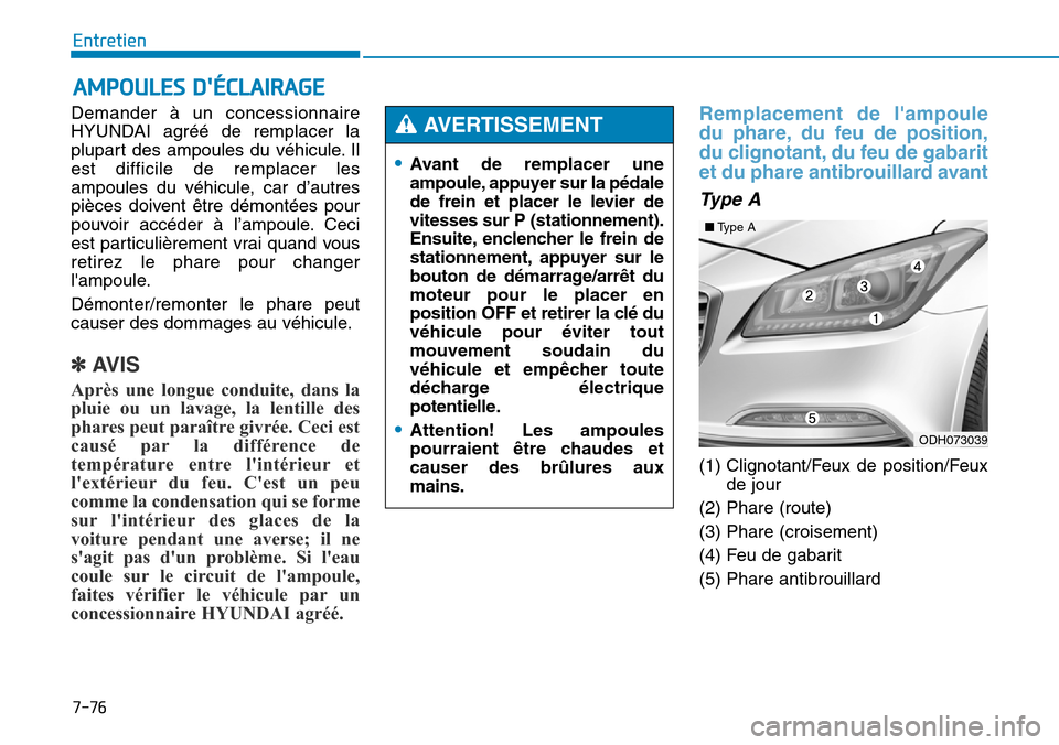 Hyundai Genesis 2016  Manuel du propriétaire (in French) 7-76
Entretien
AMPOULES DÉCLAIRAGE
Demander à un concessionnaire
HYUNDAI agréé de remplacer la
plupart des ampoules du véhicule. Il
est difficile de remplacer les
ampoules du véhicule, car d’