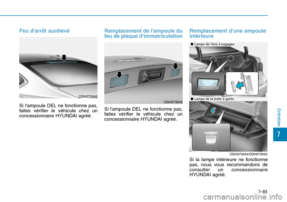 Hyundai Genesis 2016  Manuel du propriétaire (in French) 7-83
7
Entretien
Feu darrêt surélevé
Si lampoule DEL ne fonctionne pas,
faites vérifier le véhicule chez un
concessionnaire HYUNDAI agréé.
Remplacement de lampoule du
feu de plaque dimmatri