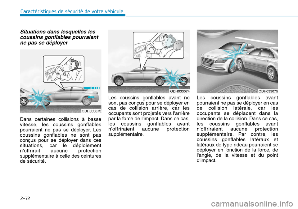 Hyundai Genesis 2016 Manuel du propriétaire (in French) 2-72
Caractéristiques de sécurité de votre véhicule
Situations dans lesquelles lescoussins gonflables pourraientne pas se déployer
Dans certaines collisions à basse
vitesse, les coussins gonflab Hyundai Genesis 2016 Manuel du propriétaire (in French) 2-72
Caractéristiques de sécurité de votre véhicule
Situations dans lesquelles lescoussins gonflables pourraientne pas se déployer
Dans certaines collisions à basse
vitesse, les coussins gonflab