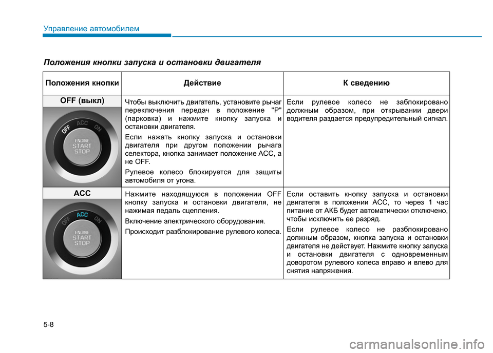Hyundai Genesis 2016 Инструкция по эксплуатации (in Russian) 5-8
Управление автомобилем
Положения кнопки запуска и остановки двигателя
Положения кнопки Действие К сведен Hyundai Genesis 2016 Инструкция по эксплуатации (in Russian) 5-8
Управление автомобилем
Положения кнопки запуска и остановки двигателя
Положения кнопки Действие К сведен