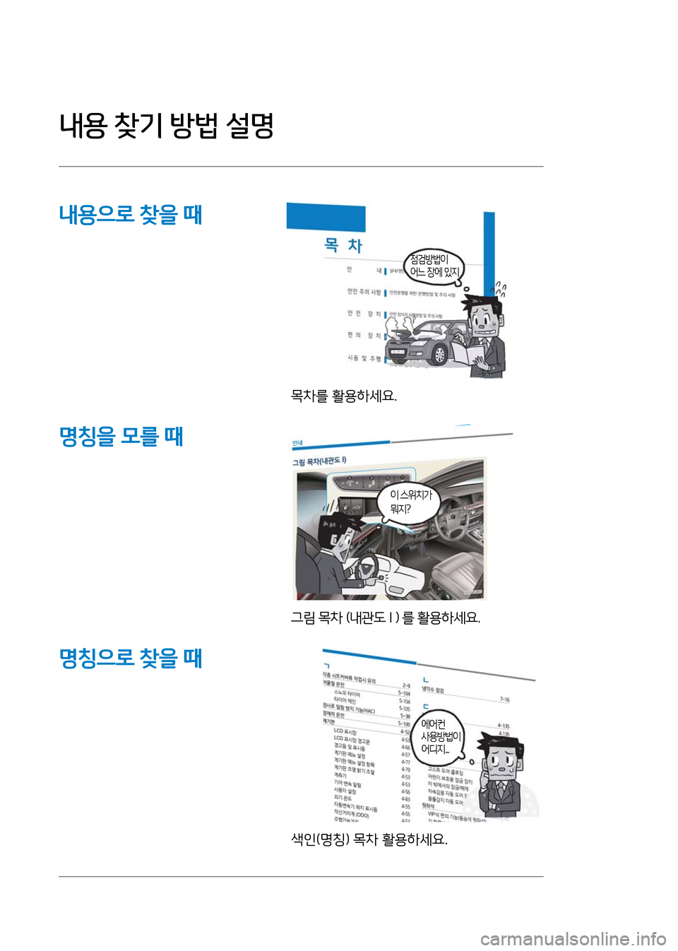 Hyundai Genesis 2016 EQ900 HI - 사용 설명서 (in Korean) 내용 찾기 방법 설명
에어컨사용방법이어디지...
이 스위치가뭐지?
점검방법이어느 장에 있지
목차를 활용하세요.
그림 목차 (내관도 I ) 를 활용하세요 Hyundai Genesis 2016 EQ900 HI - 사용 설명서 (in Korean) 내용 찾기 방법 설명
에어컨사용방법이어디지...
이 스위치가뭐지?
점검방법이어느 장에 있지
목차를 활용하세요.
그림 목차 (내관도 I ) 를 활용하세요