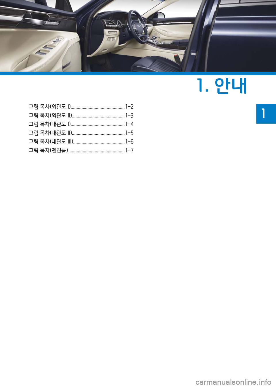 Hyundai Genesis 2016 EQ900 HI - 사용 설명서 (in Korean) 그림 목차(외관도 I) ............................................. 1-2
그림 목차(외관도 II) ............................................ 1-3
그림 목차(내관도 I) ................... Hyundai Genesis 2016 EQ900 HI - 사용 설명서 (in Korean) 그림 목차(외관도 I) ............................................. 1-2
그림 목차(외관도 II) ............................................ 1-3
그림 목차(내관도 I) ...................