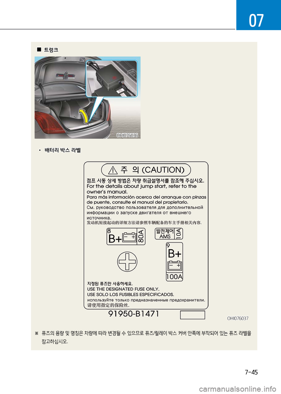 Hyundai Genesis 2016  EQ900 HI - 사용 설명서 (in Korean) 7-45
07
※ 퓨즈의 용량 및 명칭은 차량에 따라 변경될 수 있으므로 퓨즈/릴레이 박스 커버 안쪽에 부착되어 있는 퓨즈 라벨을 
참고하십시오.
  00트렁