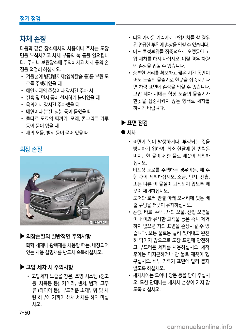 Hyundai Genesis 2016  EQ900 HI - 사용 설명서 (in Korean) 7-50
정기 점검
 ▶외장손질의 일반적인 주의사항
 화학 세제나 광택제를 사용할 때는, 내장되어 
있는 사용 설명서를 반드시 숙독하십시오.
 ▶고압 세