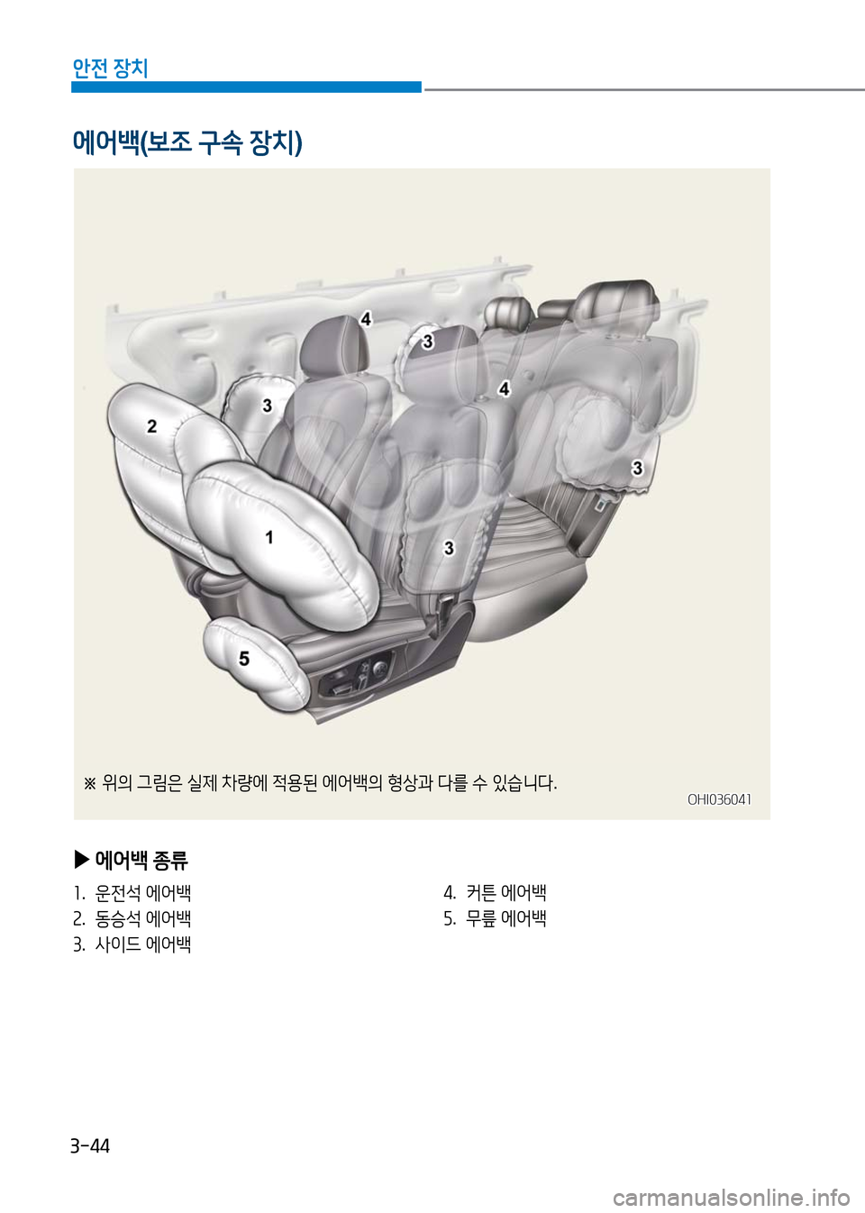 Hyundai Genesis 2016 EQ900 HI - 사용 설명서 (in Korean) 3-44
안전 장치
에어백(보조 구속 장치)
▶에어백 종류
1. 운전석 에어백
2. 동승석 에어백
3. 사이드 에어백
4. 커튼 에어백
5. 무릎 에어백
OHI036041OHI036041 Hyundai Genesis 2016 EQ900 HI - 사용 설명서 (in Korean) 3-44
안전 장치
에어백(보조 구속 장치)
▶에어백 종류
1. 운전석 에어백
2. 동승석 에어백
3. 사이드 에어백
4. 커튼 에어백
5. 무릎 에어백
OHI036041OHI036041