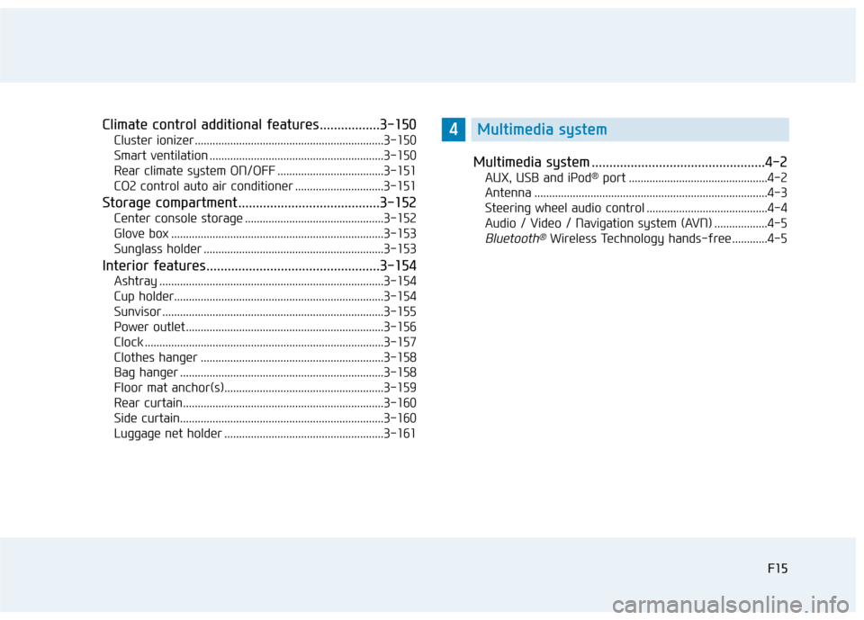 Hyundai Genesis 2015  Owners Manual F15
Climate control additional features.................3-150
Cluster ionizer ................................................................3-150
Smart ventilation ..................................