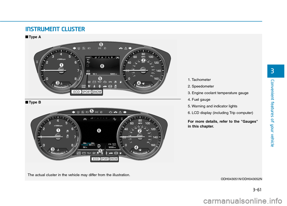 Hyundai Genesis 2015  Owners Manual 3-61
Convenient features of your vehicle
3
I IN
NS
ST
TR
RU
UM
ME
EN
NT
T 
 C
CL
LU
US
ST
TE
ER
R
1. Tachometer
2. Speedometer
3. Engine coolant temperature gauge
4. Fuel gauge
5. Warning and indicato