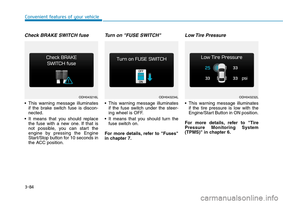 Hyundai Genesis 2015  Owners Manual 3-84
Convenient features of your vehicle
Check BRAKE SWITCH fuse
 This warning message illuminates
if the brake switch fuse is discon-
nected.
 It means that you should replace
the fuse with a new one