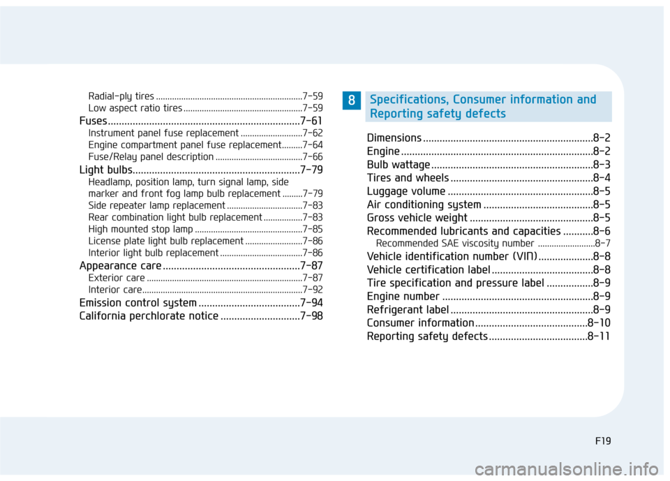 Hyundai Genesis 2015  Owners Manual F19F19
Radial-ply tires ................................................................7-59
Low aspect ratio tires ....................................................7-59
Fuses .....................