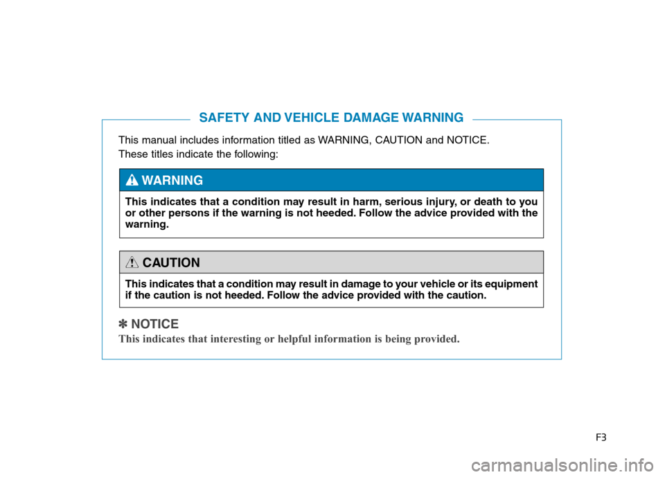 Hyundai Genesis 2015  Owners Manual F3
This manual includes information titled as WARNING, CAUTION and NOTICE.
These titles indicate the following:
✽ ✽ 
 
NOTICE
This indicates that interesting or helpful information is being provid