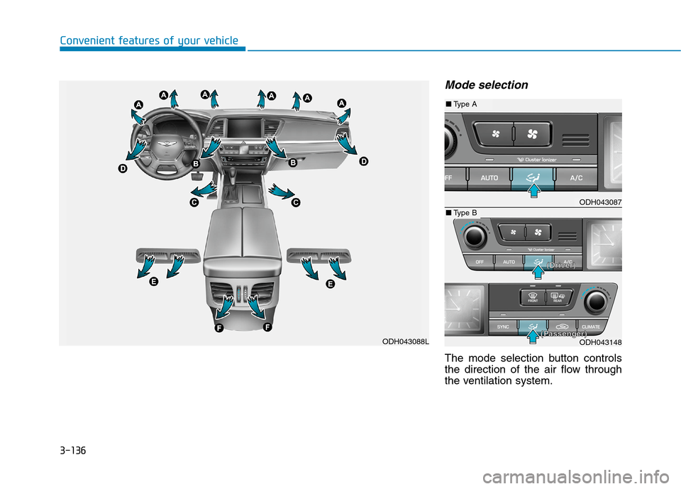 Hyundai Genesis 2015  Owners Manual 3-136
Convenient features of your vehicle
Mode selection
The mode selection button controls
the direction of the air flow through
the ventilation system.
ODH043088L
ODH043087
ODH043148
■Type A
■Ty