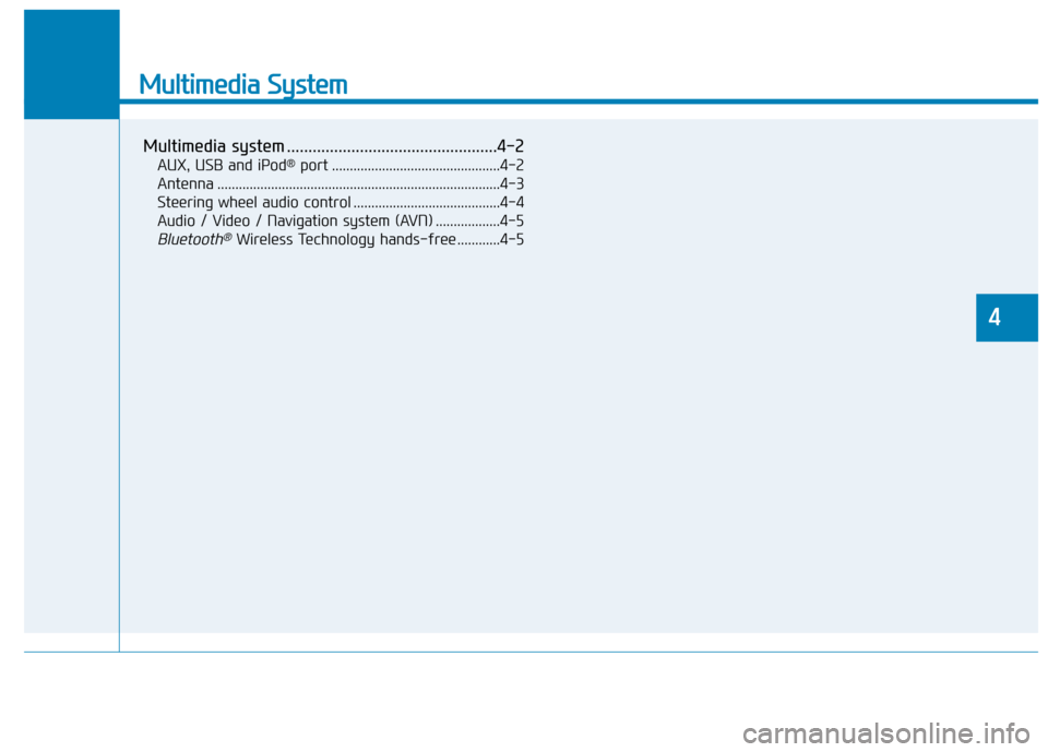 Hyundai Genesis 2015  Owners Manual Multimedia System
Multimedia system .................................................4-2
AUX, USB and iPod®port ...............................................4-2
Antenna ............................