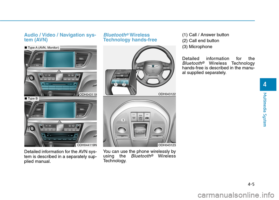 Hyundai Genesis 2015  Owners Manual 4-5
Multimedia System
Audio / Video / Navigation sys-
tem (AVN)
Detailed information for the AVN sys-
tem is described in a separately sup-
plied manual.
Bluetooth®Wireless
Technology hands-free
You 