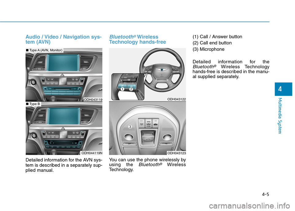 Hyundai Genesis 2015 Owners Manual 4-5
Multimedia System
Audio / Video / Navigation sys-
tem (AVN)
Detailed information for the AVN sys-
tem is described in a separately sup-
plied manual.
Bluetooth®Wireless
Technology hands-free
You Hyundai Genesis 2015 Owners Manual 4-5
Multimedia System
Audio / Video / Navigation sys-
tem (AVN)
Detailed information for the AVN sys-
tem is described in a separately sup-
plied manual.
Bluetooth®Wireless
Technology hands-free
You