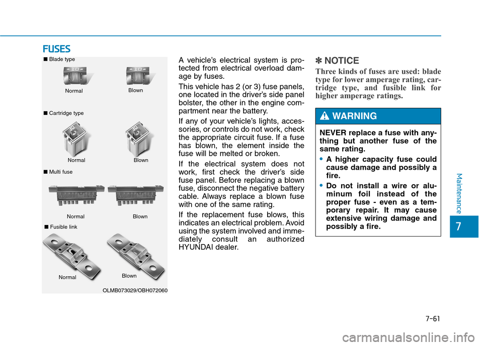Hyundai Genesis 2015  Owners Manual 7-61
7
Maintenance
F FU
US
SE
ES
S
A vehicle’s electrical system is pro-
tected from electrical overload dam-
age by fuses.
This vehicle has 2 (or 3) fuse panels,
one located in the driver’s side 