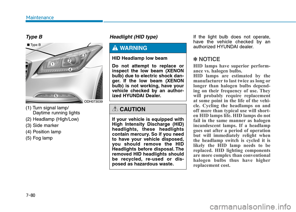 Hyundai Genesis 2015  Owners Manual 7-80
Maintenance
Type B
(1) Turn signal lamp/
Daytime running lights
(2) Headlamp (High/Low)
(3) Side marker
(4) Position lamp
(5) Fog lamp
Headlight (HID type) If the light bulb does not operate,
hav
