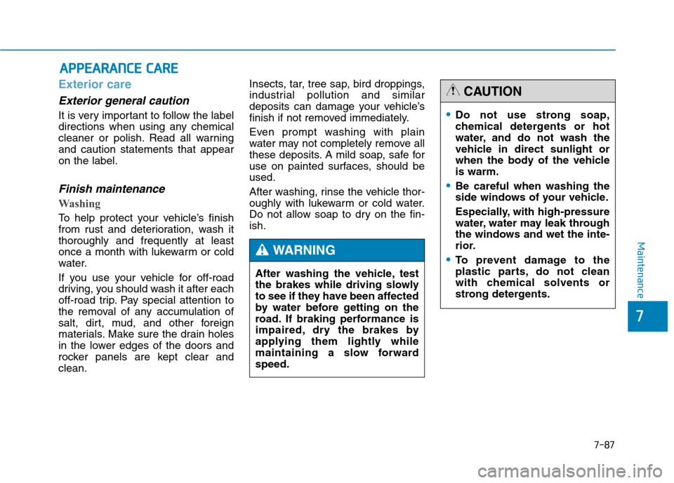 Hyundai Genesis 2015  Owners Manual 7-87
7
Maintenance
A AP
PP
PE
EA
AR
RA
AN
NC
CE
E 
 C
CA
AR
RE
E
Exterior care
Exterior general caution 
It is very important to follow the label
directions when using any chemical
cleaner or polish. 