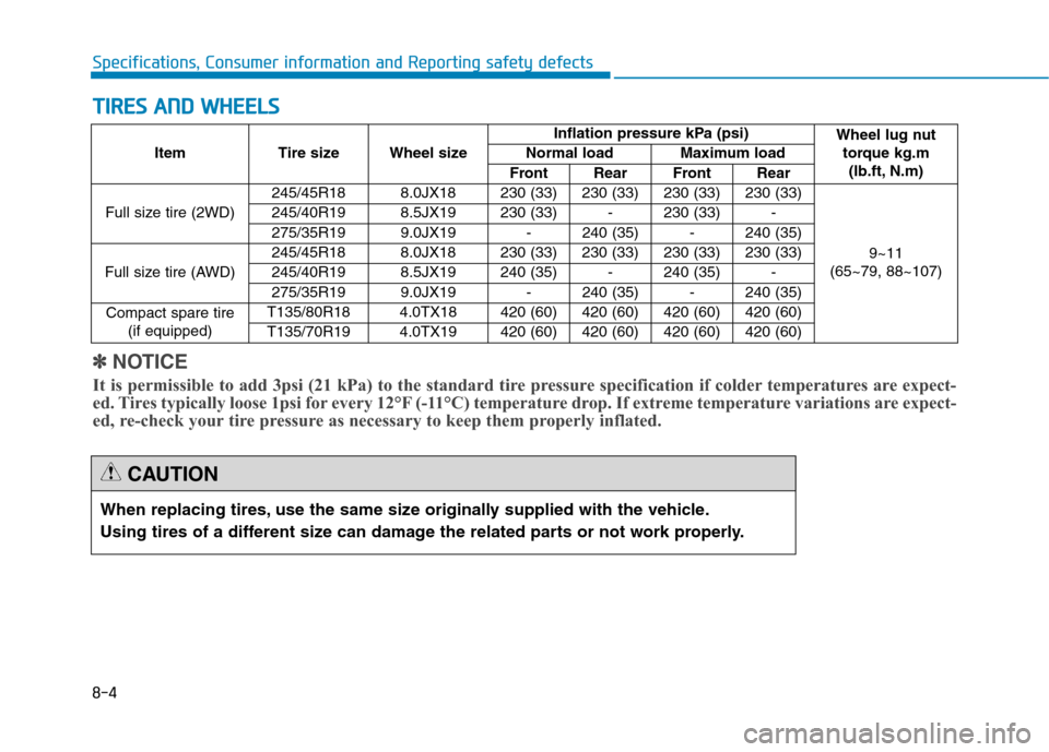 Hyundai Genesis 2015  Owners Manual 8-4
Specifications, Consumer information and Reporting safety defects
T TI
IR
RE
ES
S 
 A
AN
ND
D 
 W
WH
HE
EE
EL
LS
S
When replacing tires, use the same size originally supplied with the vehicle.
Usi